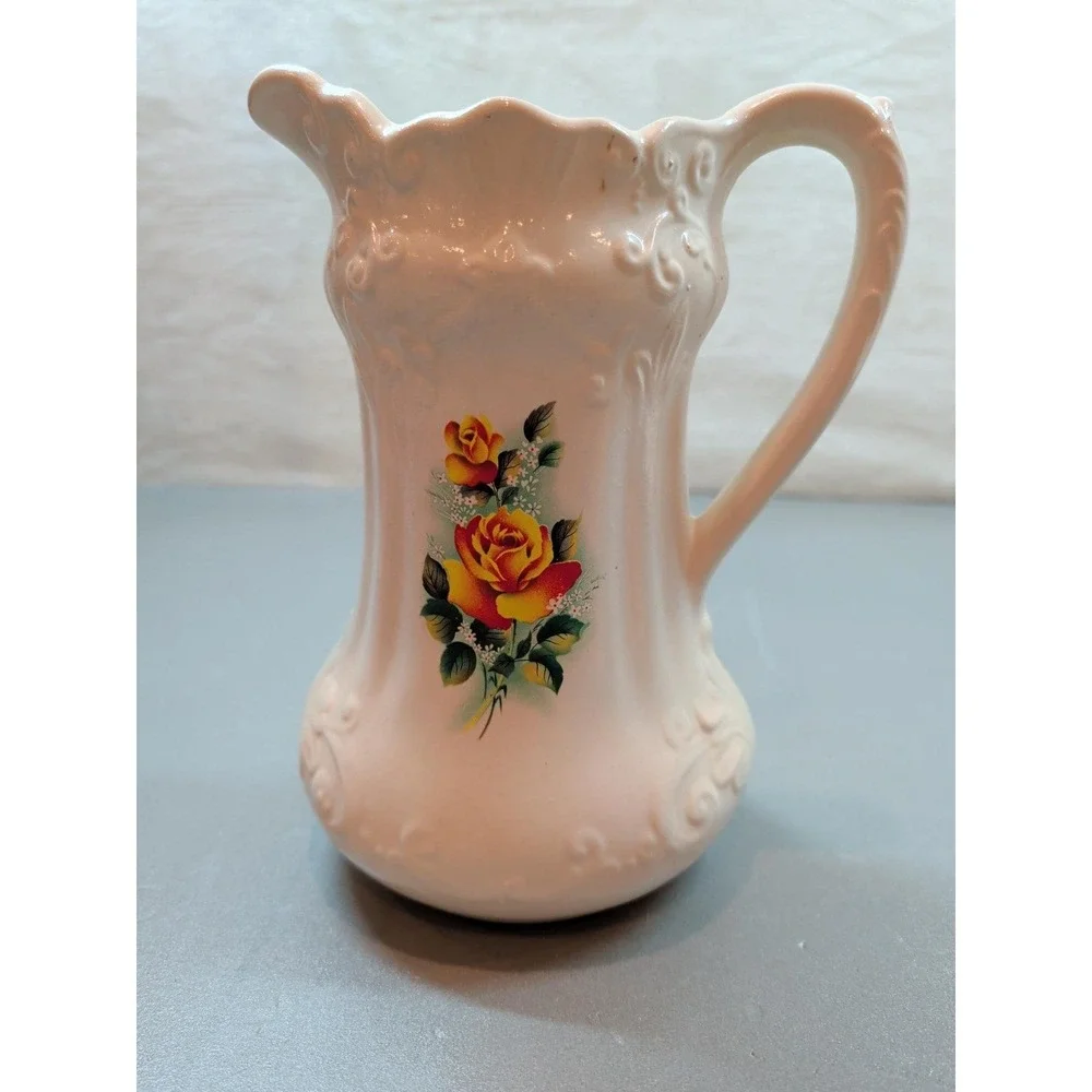 Vintage Ceramic Pitcher and Basin Set Cream Floral Rose Embossed Scroll Detail